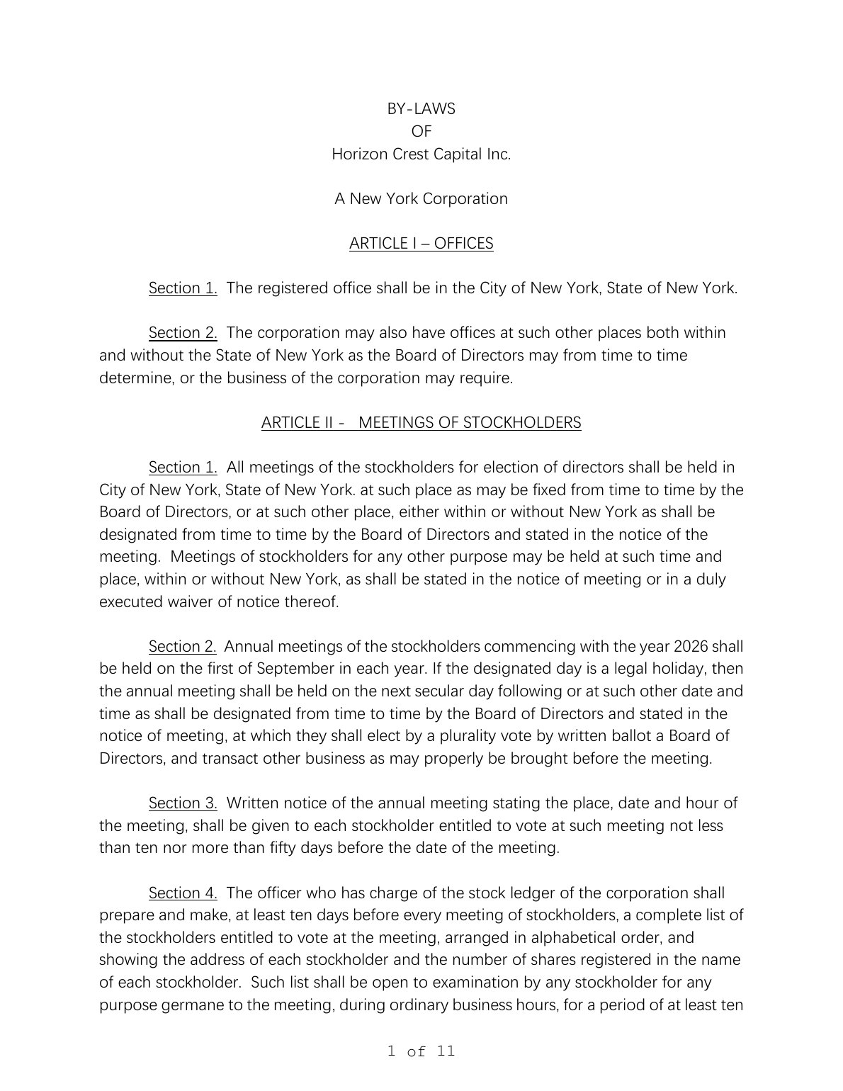 Articles of Association of Horizon Crest Capital Inc.