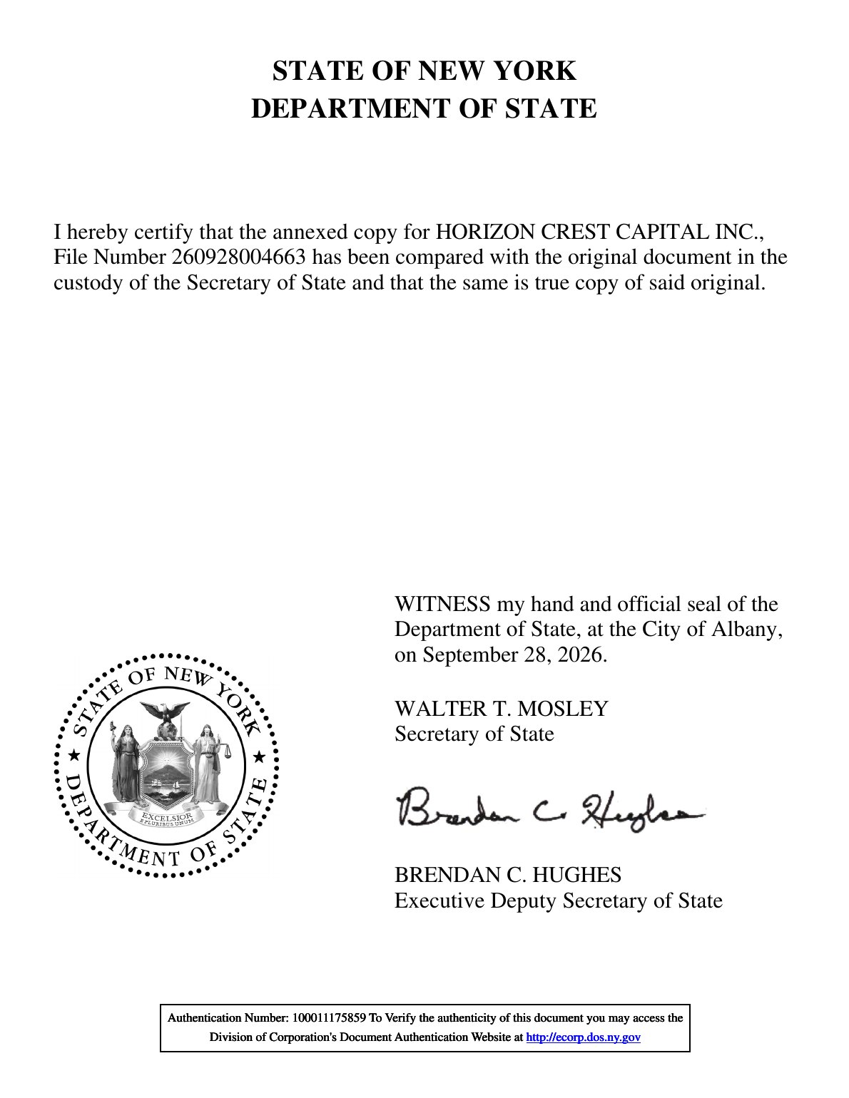 Certificate of Incorporation issued by the New York Department of State