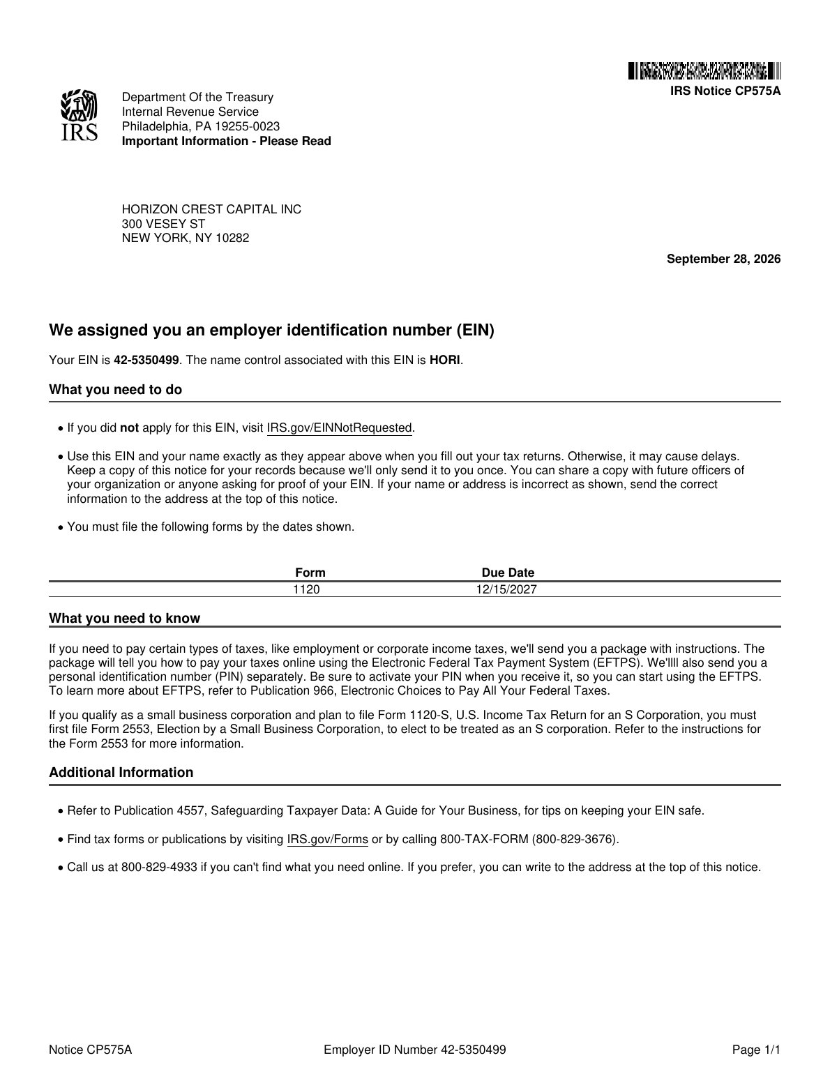 IRS EIN confirmation letter